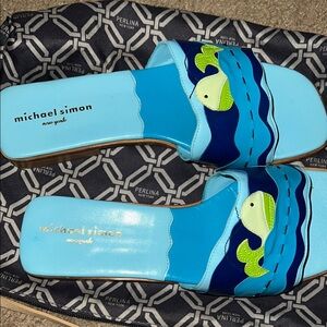 Michael Simon Aqua and Navy Slide Sandals with Fish Motif